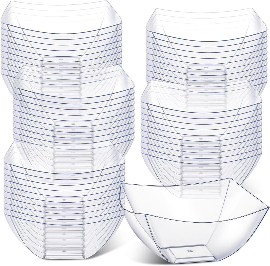 Tanlade 50 Pcs Clear Serving Bowls 8 oz Square Plastic Bowls Disposable Snack Salad Dishes Small Party Candy Bar Containers Taco Bar Serving Dishes for Buffet Chips Fruit