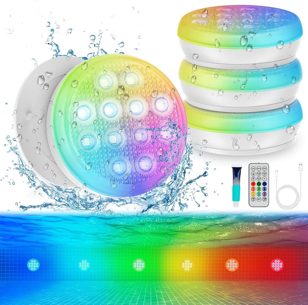 Pool Lights(4 PACK), Ultra-High Brightness Rechargeable Submersible Pool Lights with Remote, IP68 Waterproof 22 Colors Changing Light 2600mAh Magnet LED Underwater Light for Pools, Hot Tub, Ponds