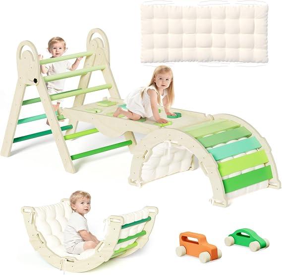 Pikler Triangle Set, Baby Climbing Playset Toys Indoor, Jungle Gyms for Toddlers Ages 1-4, Toddler Climbing Playground with Cushion & Toy Car