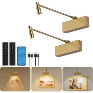 Wireless Picture Light for Wall with Adjustable LED Beam, 8000mAh Rechargeable Art Light for Paintings, Dimmable and Zoomable Spotlight for Gallery, Living Room, Hallway (Gold, 2 Pack)