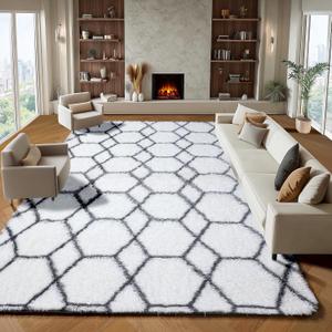 ONASAR 8x10 Area Rugs for Living Room, Fluffy White and Grey Rug for Bedroom, Geometric Moroccan Indoor Shaggy Boho Soft Plush Floor Carpet for Kids Teen Nursery Dorm Home Decor Aesthetic