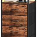 Somdot Tall Nightstand with Charging Station and LED Light for Bedroom, 4 Drawers Dresser with Fabric Bins for Bedside Kids Dorm Room Closet Laundry Entryway, Wood Grain Print