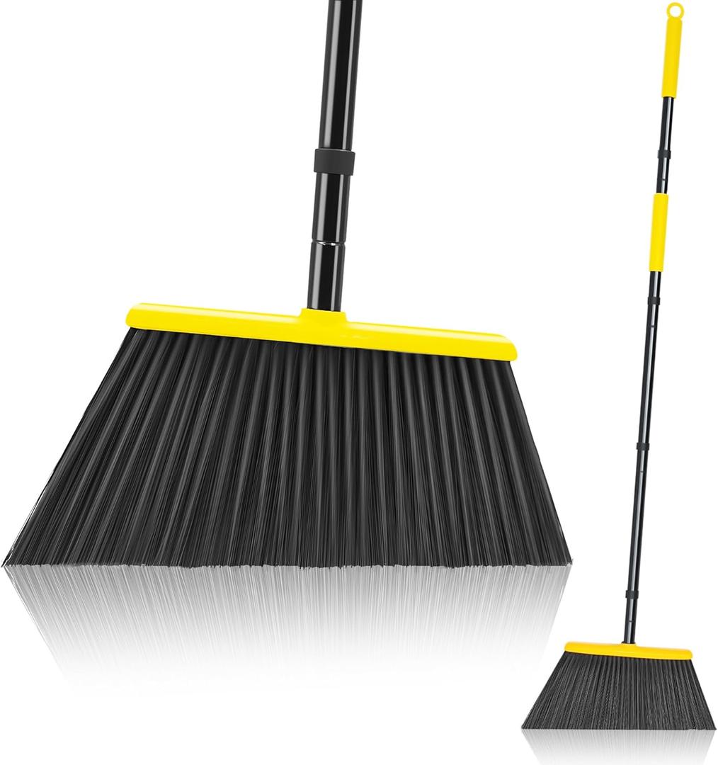 JEHONN Outdoor Broom Heavy Duty with 55 inches Long Handle, Household Collapsible Angle Brush for Sweeping Indoor Kitchen Patio Shop Outside Garage Lobby Garden Deck Hardwood Floors (Yellow)