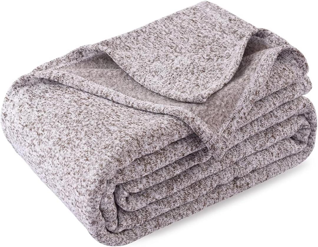 KAWAHOME Summer Sweatshirt Blanket Queen Size for Bed-Lightweight Breathable Blankets, Soft Thin Knit Jersey Blanket for Hot Sleepers, 90 X 90 Inches, Heather Brown
