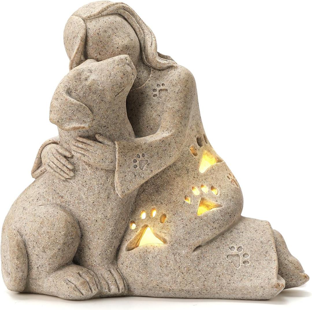 INLOMEM Dog Memorial Gift, Granite Sculpture, Hand-Sculpted Resin Pet Loss Sympathy Gift with LED Candle Holder, Home Decor for Pet Owners