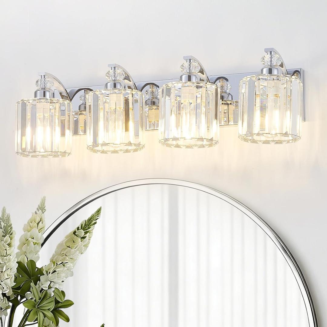 4-Light Modern Bathroom Light Fixture Chrome Vanity Lights Over Mirror Wall Sconce Lighting with K9 Crystal Shades Bathroom Wall Lamp E26 Base for Bedroom, Living Room, Hallway, Cabinet