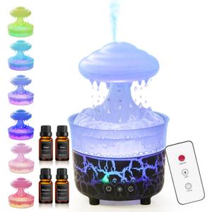 BOHOFAM Aroma Essential Oil Diffuser,Rain Cloud humidifier Simultaneously Water Drip and Air Mist,Rain Diffuser with 4 Hotel Collection Essential Oils for Home,Bedroom,Colorful Light(Black)