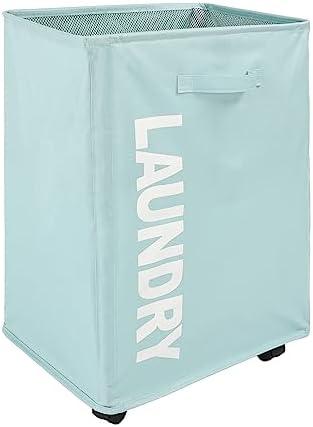 Surblue Slim Laundry Basket with Wheels Collapsible Laundry Hamper with Handle Home Corner Storage Bins Foldable Waterproof Rolling Dirty Clothes Hamper, SkyBlue, XL