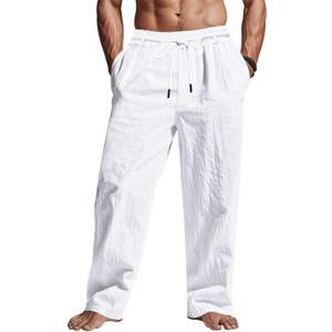 Men's Linen Pants Lightweight Drawstring Elastic Waist Pockets Loose Fit Straight Legs Summer Beach Yoga