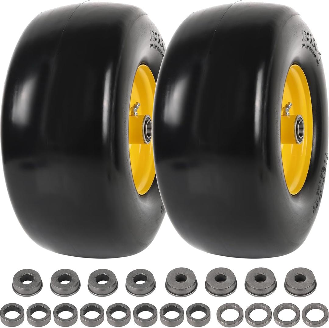 AR-PRO (2-Pack) 13x6.50-6 Flat Free Tire and Wheel, Replacement Solid Smooth Tires for Zero Turn Riding Lawn Mower Front Wheels, 5.5"-7.8" Centered Hub, 3/4" Bearings extra 5/8" & 1/2" Bushings (Yellow(Smooth Tread))