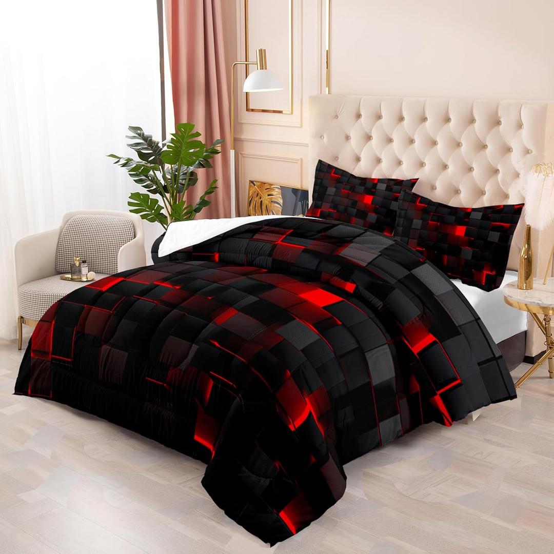 Geometric Red Black Comforter Set,Light Honeycomb 3 Piece Bedding Set King Size for Teen Boys,Modern Bedding Quilt Set Geometry Decor,Microfiber Lightweight 1 Comforter 2 Pillowcases All Season