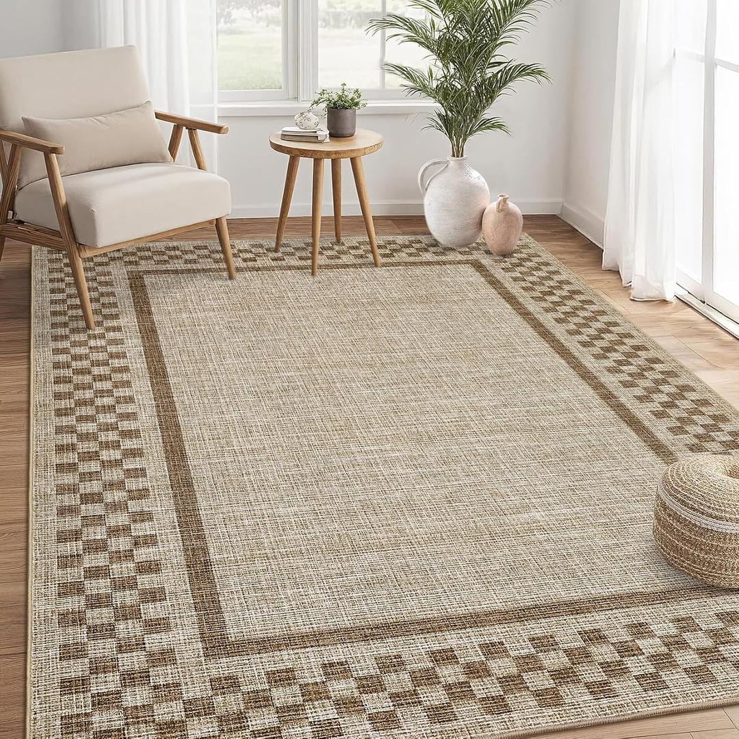 GarveeHome 5x7 Washable Area Rug for Bedroom Living Room Non Slip Modern Bordered Throw Rugs Low Pile Soft Checkered Dining Room Area Rugs Geometric Throw Carpet for Kitchen Nursery Office, Taupe