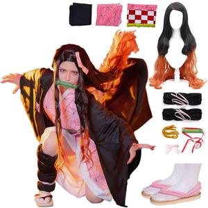 Full Set Anime Halloween Costume For Womens Party Role Cosplay Cloak Kimono Outfit W/Slippers Wig (Large, Pink)