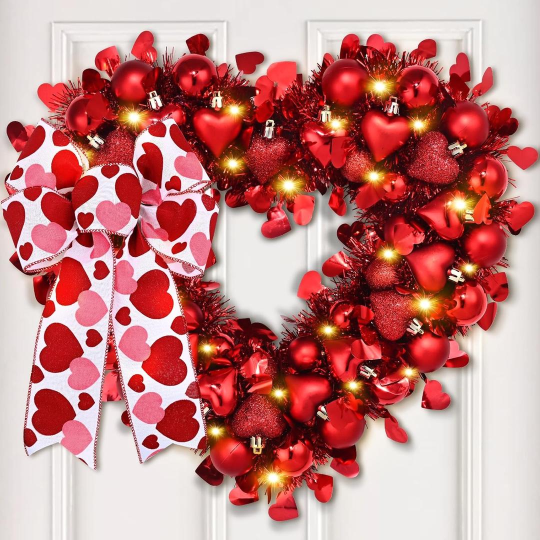 Waipfaru 14.2'' Valentines Day Wreath, Heart Wreaths for Front Door, Red Valentine Wreath Decorations with Bowknot Lights for Valentine's Home Wedding Party Anniversary Wall Window Gifts Decor