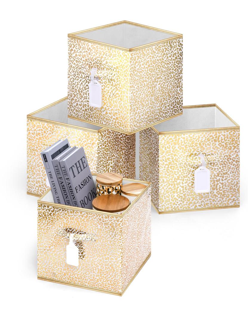 DAMAHOME Fabric Storage Cube Bins, Foldable 13 Inch Cube Storage Bins with Dual Handles and Tags, 4-Pack Collapsible Cubby Organizer for Shelves, Closet, Nursery, Toys, Gold Leopard