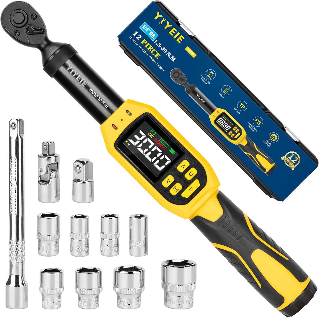 1/4" Digital Torque Wrench Set | 13.5-265 in-lb | 1% Accuracy | Deep-Reach Head | Smart Alert Multi | 12PC Bike Torque Wrench Digital for MTB/Motorcycle, with Sockets & Adapters