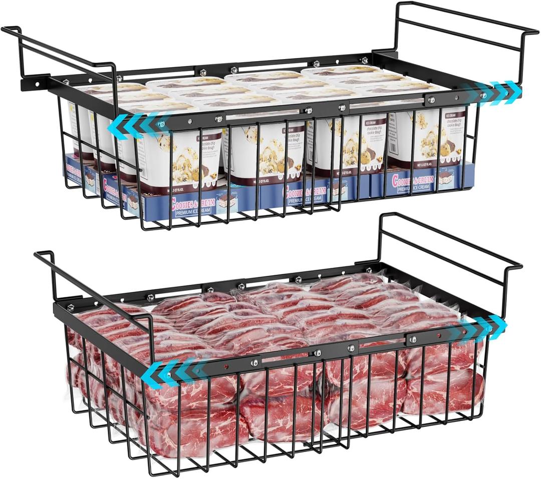 iSPECLE Large Chest Freezer Organizer Bins - 19.3" to 24.8" Expandable Length Baskets for Deep Freezer, Fit 10 to 20 Cu.FT, 2 Pack Adjustable Hanging Chest Freezer Basket, Black