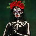 Tigeen 7 Pieces Halloween Day of the Dead Costume Accessories Set for Men and Women Skeleton Rose Couple Costume Skeleton Gloves Men's Hat Bow Tie Rose Floral Crown Veil Hair Clip