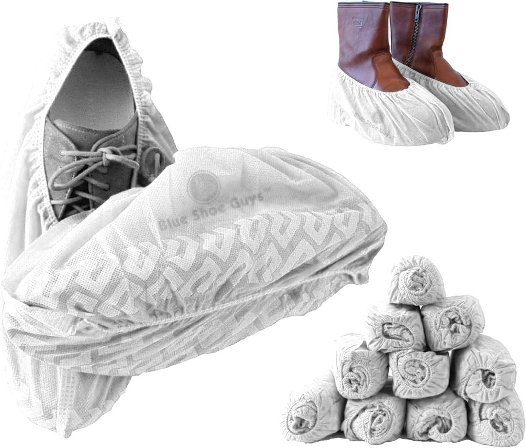Premium Boot & Shoe Covers Disposable Booties - 100 Pack - Durable, Non-Slip, Non-Toxic, Water Resistant, Recyclable Protectors for Indoor & Outdoor - Large Size Fits Most Shoes (White)