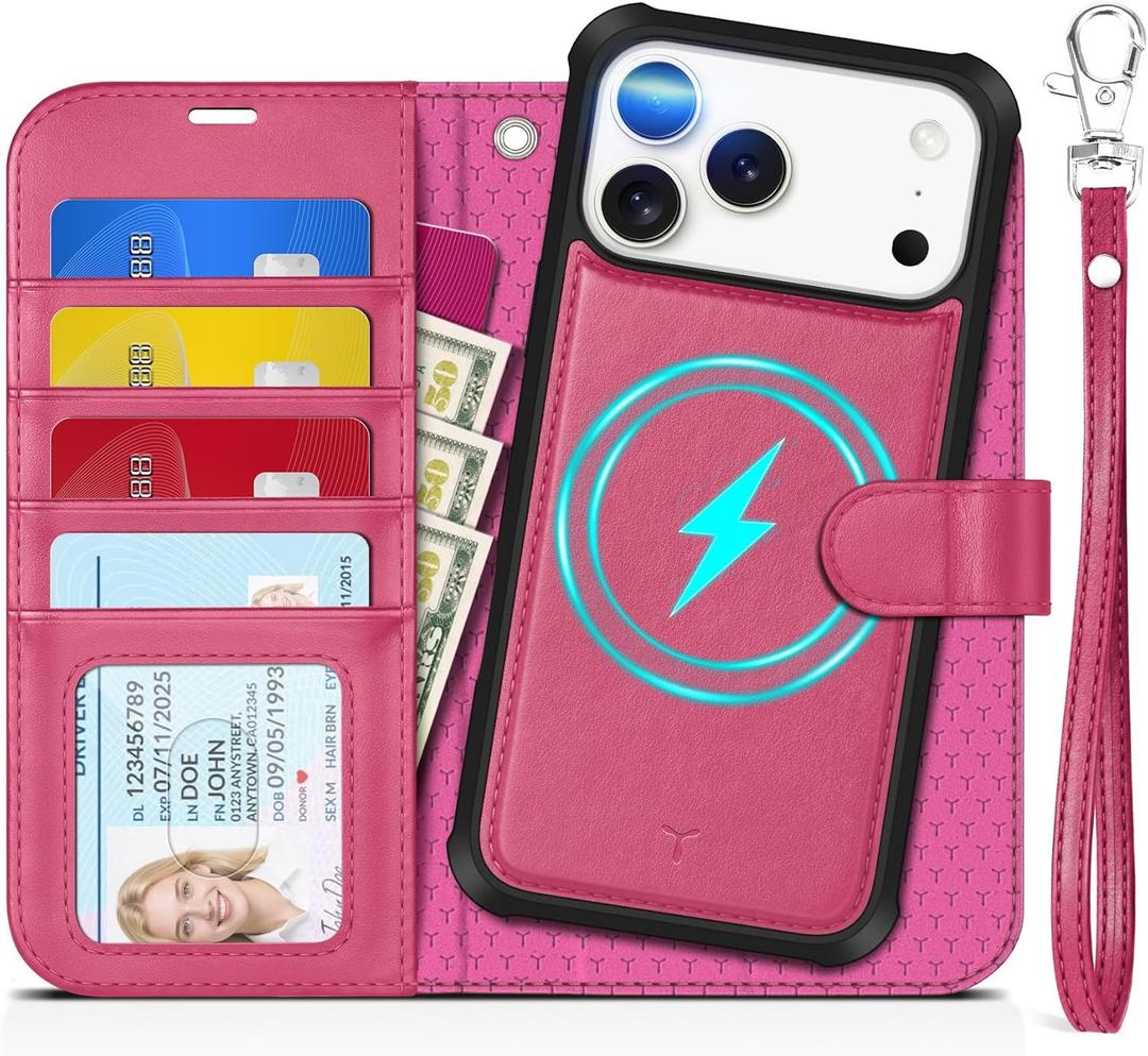 TUCCH 2-in-1 Removable Wallet Case for iPhone 17 Pro Max (6.9-inch) 2025, Wireless Charging | RFID Blocking 4 Card Slots | Wrist Strap | Kickstand | Magnetic | PU Leather | Protective Cover | Hot Pink