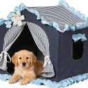 Denim Blue Indoor Dog House with Frame and Princess Style Cat Houses for Indoor Cats, Breathable Washable Cat Bed & Cat Tent, M Size (171717 Inches) for 8-20 lbs. Pets.