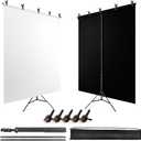 Black White Backdrop Screen with Stand Kit for Photo Video Studio Filming 5X6.5ft, Black Backdrop White Photo Curtain Background with T Shape Stand and 5 Spring Clamp for Photography Party Decorations