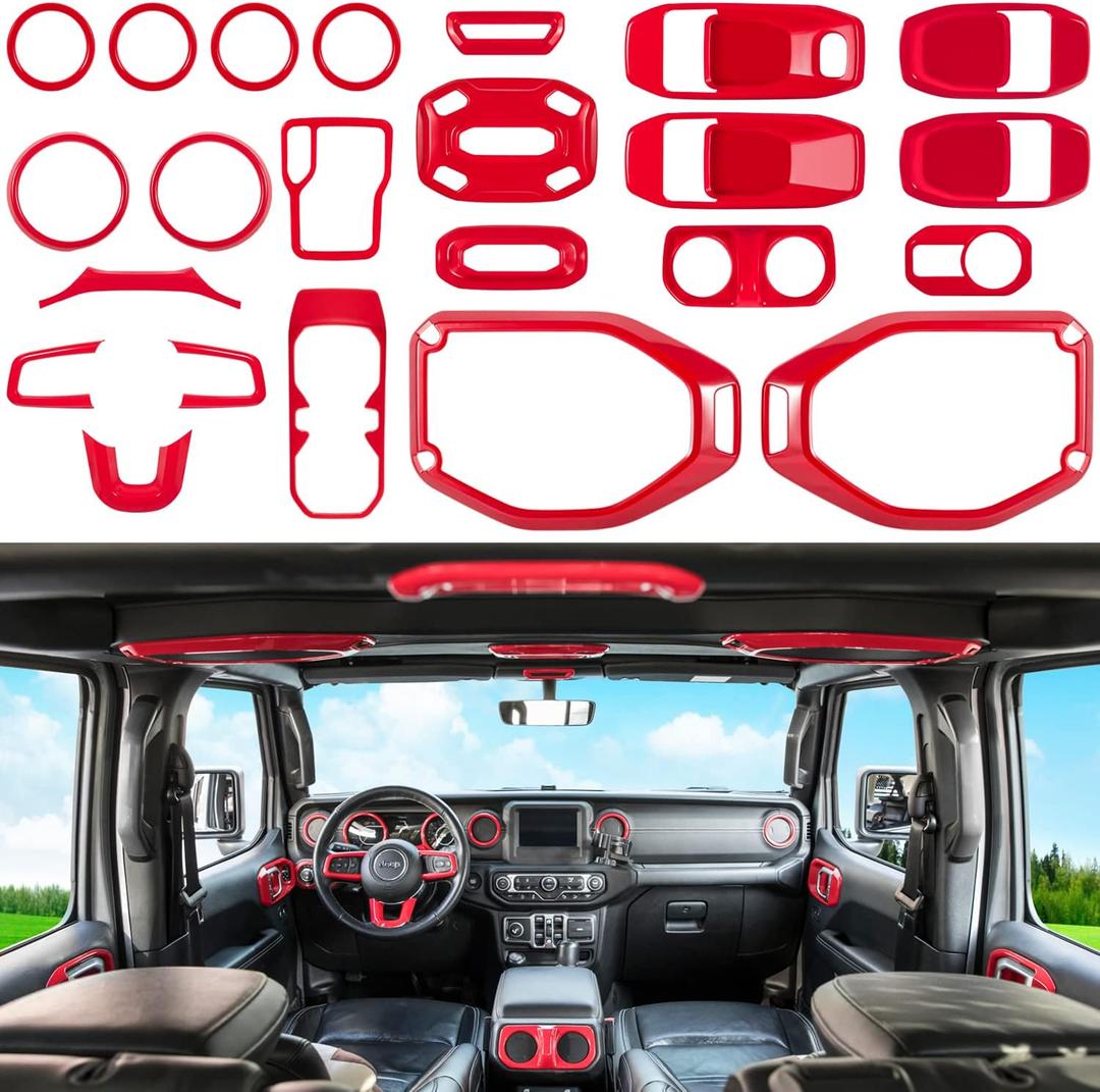 23PCS Full Set Interior Decoration Trim Kit for Jeep Wrangler JL JLU Gladiator JT 2018-2023 Steering Wheel Door Handle Air Conditioning Vent Cup Holder Reading Light Headlight Switch Gear Cover (Red)