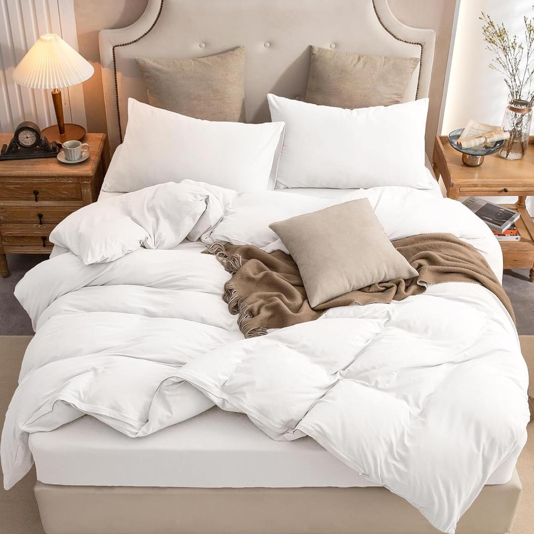 PURE ERA Jersey Knit Duvet Cover Set 100% T-Shirt Cotton Super Soft Comfy 3pc Bedding Set with Zipper Closure (Solid Bright White, Queen)