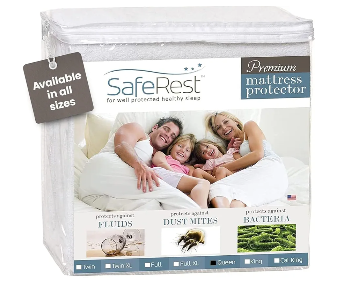 SafeRest Waterproof Queen Size Mattress Protector - Fitted with Stretchable Pockets - Machine Washable Cotton Blend Mattress Cover for Bed