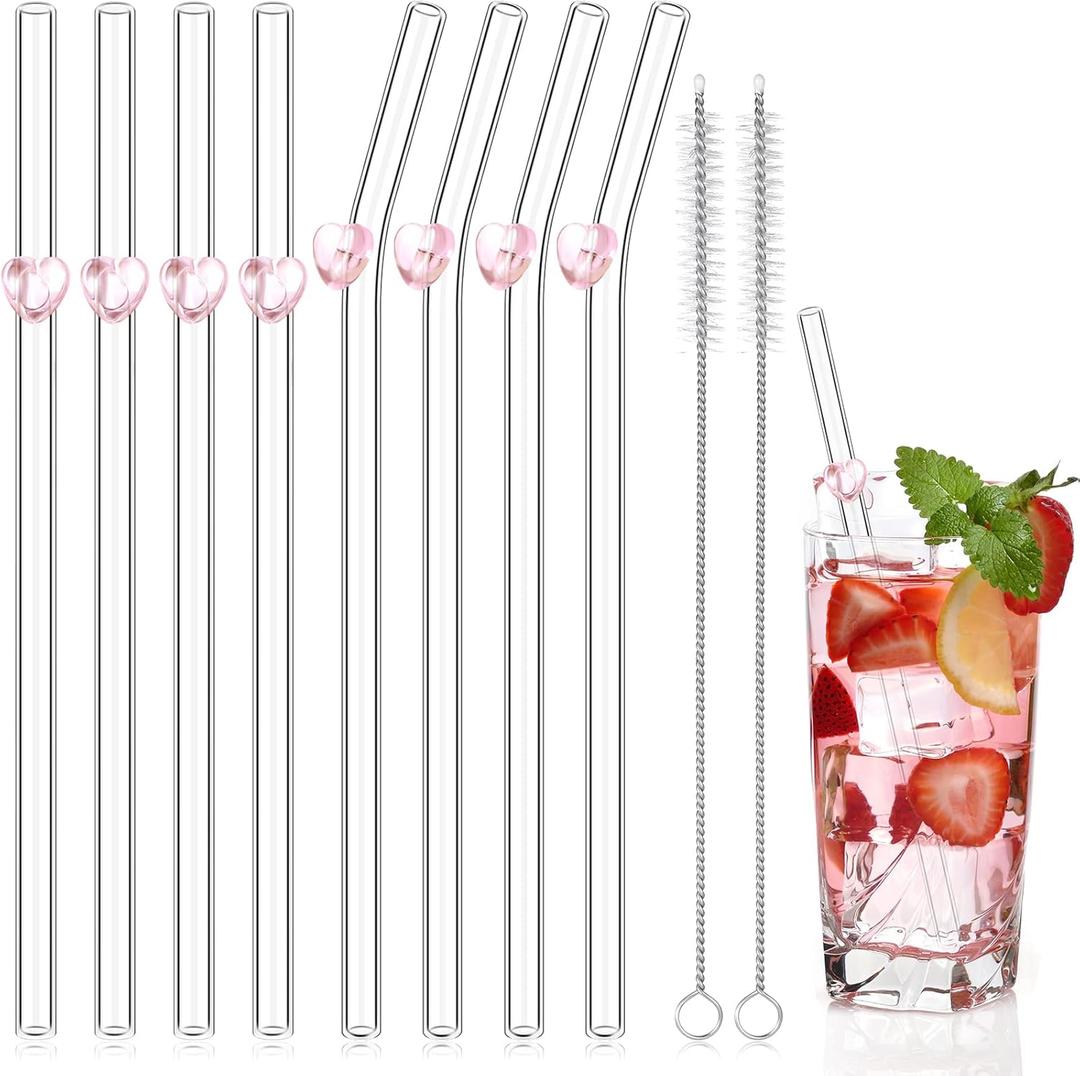 Yinkin 8 Pcs Glass Straws Heart Reusable Cute Straws Charm 8'' Bend with 2 Cleaning Brushes for Drinking Cocktail Coffee Smoothies Juice Milkshake Frozen Tea, Birthday Valentines Party Gift
