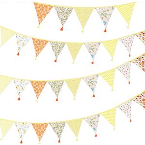 G2PLUS 10.8Ft Cotton Triangle Bunting Banner 12pcs Yellow Floral Fabric Pennant Flag with Tassels, Double Side Triangle Banner Garland for Weddings, Birthdays, Garden & Baby Showers
