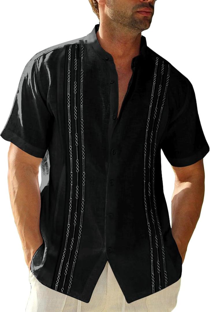 Runcati Mens Short Sleeve Guayabera Shirts Linen Cotton Button Down Mexican Embroidered Cuban Wedding Shirt Summer Beach Tops (05 Black), XL
