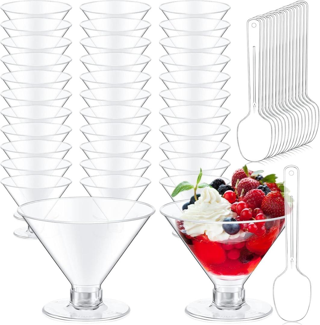 Yinkin 50 Pack Plastic Martini Glasses 5 oz Disposable Cocktail Glasses Mini Martini Plastic Cups Dessert PVC Shot Glasses Unbreakable with Spoons for Weddings Party Wine Food (Clear)
