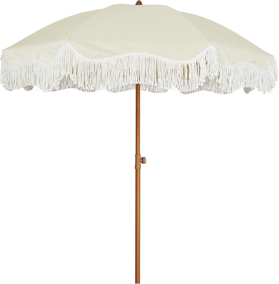 AMMSUN 6.5ft Boho Outdoor Umbrella with Fringe, UPF 50+ Picnic Umbrella with Tassels, Premium Steel Pole and Push Button Tilt, Light Beige