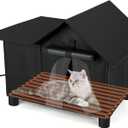 Large Heated Cat House for Outside, Elevated Outdoor Heated Cat House Weatherproof, Warm Feral Cats Shelter with Thermostatic Heating Pad, Easy Assemble Cats Shelters for Kittys (Black)