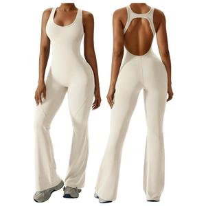 OEAK Womens Flare Jumpsuit with Bra Tummy Control Cutout Romper Workout Outfit Sleeveless Unitard One Piece Backless Bodysuit (XL, Beige)