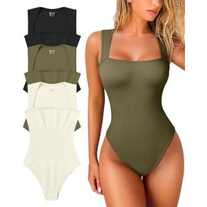 OQQ Women's 3 Piece Bodysuits Sexy Ribbed Strappy Square Neck Sleeveless Tummy Control Tank Tops Bodysuits XL