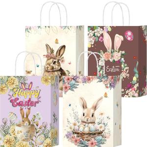W WINTMING 16PCS Easter Gift Bags Easter Treat Bag Paper Bags Retro Egg Bunny Goodie Bag with Handles Party Favors Wrapping Supplies