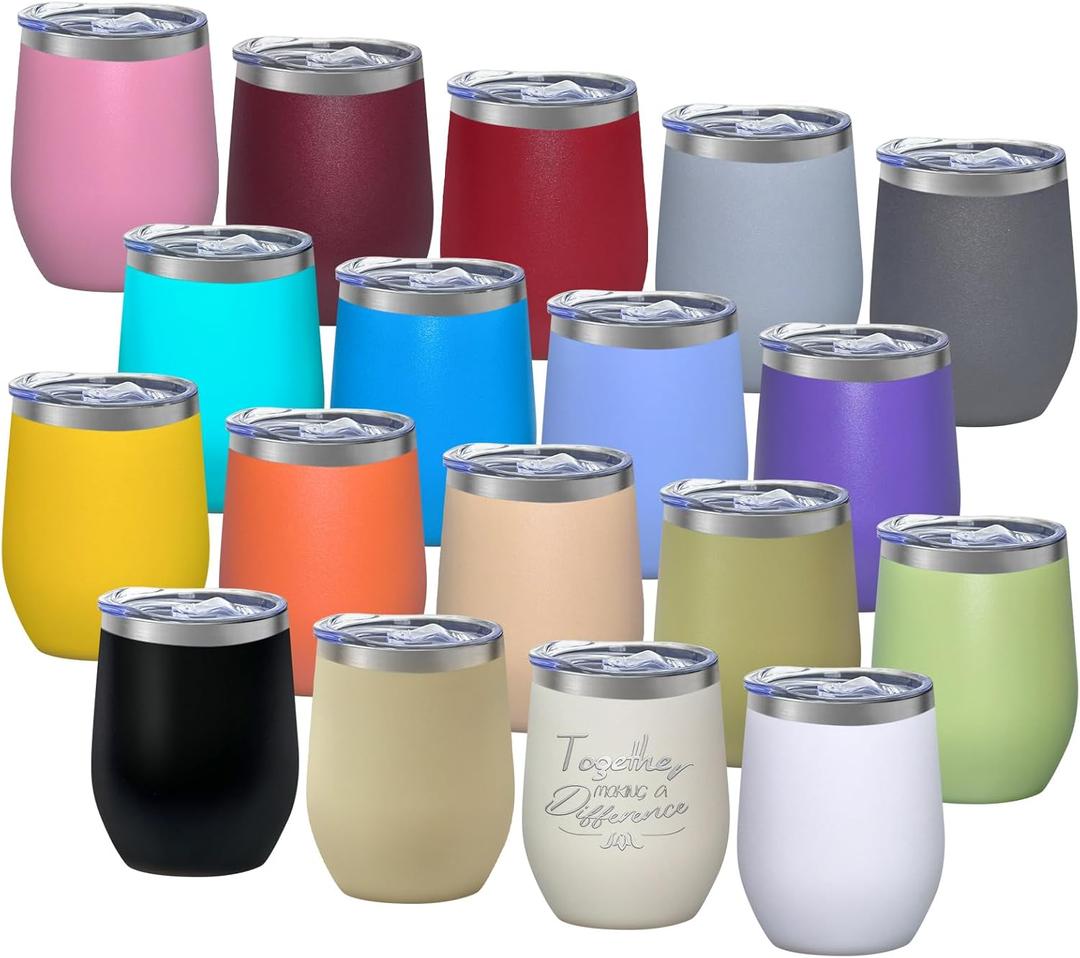 18 Pack Stainless Steel Wine Tumbler with lid, 12oz Insulated Powder Coated Wine Tumbler Stemless Double Wall Vacuum Wine Glass Coffee Tumbler Bulk Laser Engrave, DIY Gift, 18 Colors