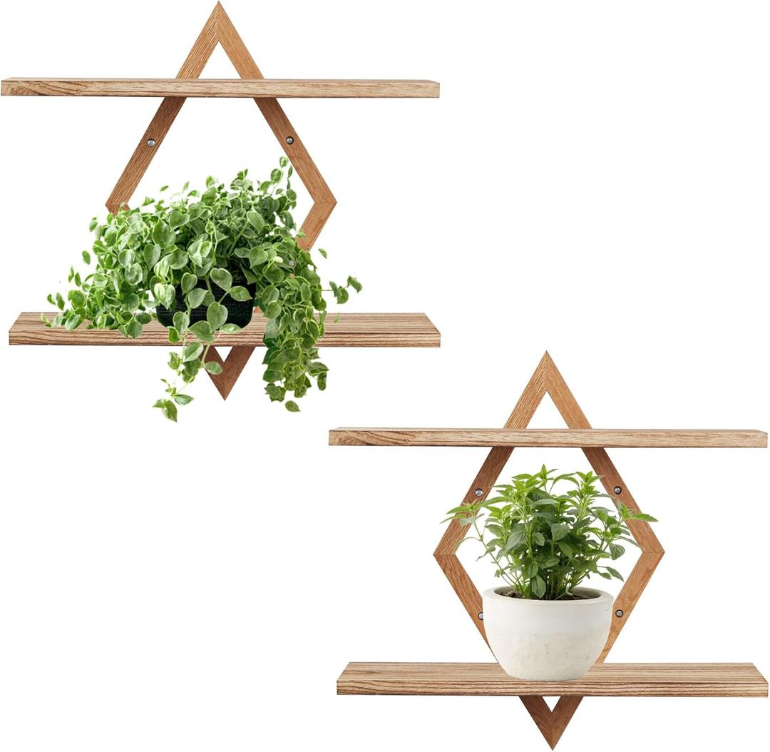 Floating Shelves for Wall,Decorative Wall Shelf,2 Tier Hanging Shelf for Plants Storage Display Holder,Indoor Decor for Living Room Home Office Bathroom Bedroom,Solid Wood,Diamond Shaped,2 Pack