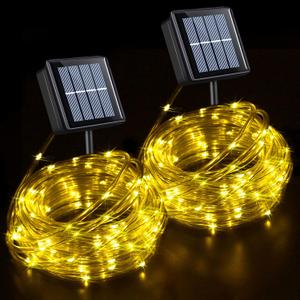 YEGUO Solar Rope Lights Outdoor Waterproof, 2 Packs Each 33ft 100 LED String Lights, 8 Modes Fairy Lights in Clear Thin Tube for Camping Fence Patio Garden Trampoline Deck(Warm White)