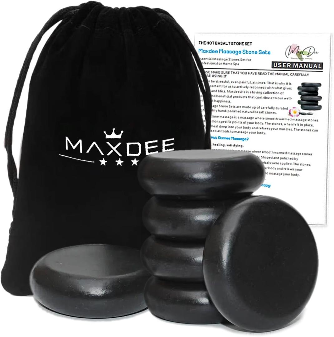 Maxdee Massage Stones Essential Hot Stones for Massage, 6 Large Hot Stones Massage Kit Hot Rocks Massage Stones for Professional or Home Spa, Foot Heater, Relaxing, Healing, Pain Relief, 2.75" (Black)