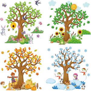 Teling 239 Pcs Season Tree Classroom Bulletin Board Decor Spring Summer Autumn Winter Cutouts Border Set Four Seasons Bulletin Board Decorations with 200 Dots for Elementary School Home Chalkboard
