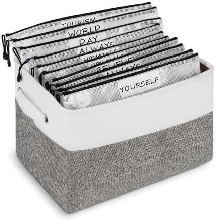Bfttlity Board Game Storage Include Storage Basket and 10 Zipper Bags Board Game Organizer with DIY Stickers and Double-Sided Adhesive Dots for Travel, Office and Home Organization (Gray)