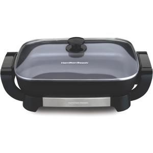 Hamilton Beach Electric Skillet with PFAS-Free Durathon Ceramic Coating, Removable 12x15 Pan, Adjustable Temperature, Reversible Design, Tempered Glass Lid, Black Nonstick Surface (38531)