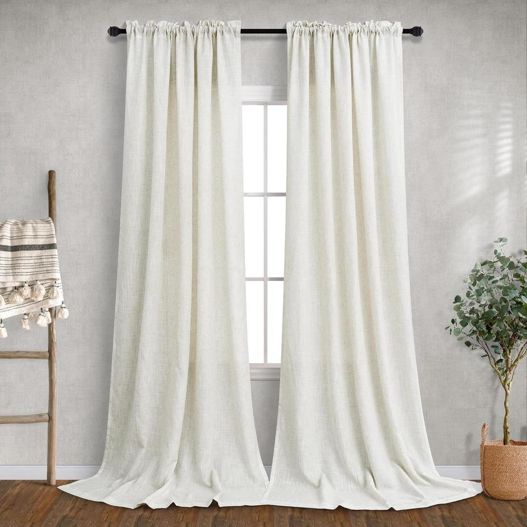 Mrs.Naturall 120 Inch Linen Semi Sheer Curtains, 10 FT Rod Pocket Room Darkening Drapes for Living Room, Privacy Curtain for High Ceiling, 10FT Length 52" W x 120" L 2 Panels Set, Natural Cream