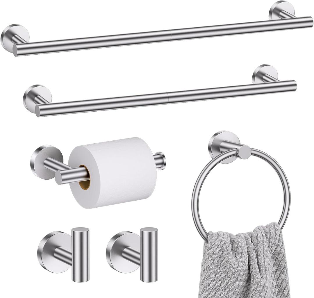 Bathroom Hardware Set, 6-Piece Towel Bar Set Brushed Nickel Towel Holder Set Includes 19.68/23.6 in Towel Bar,Toilet Paper Holder,Towel Ring and Towel Hook Wall Mount Bathroom Accessories Set