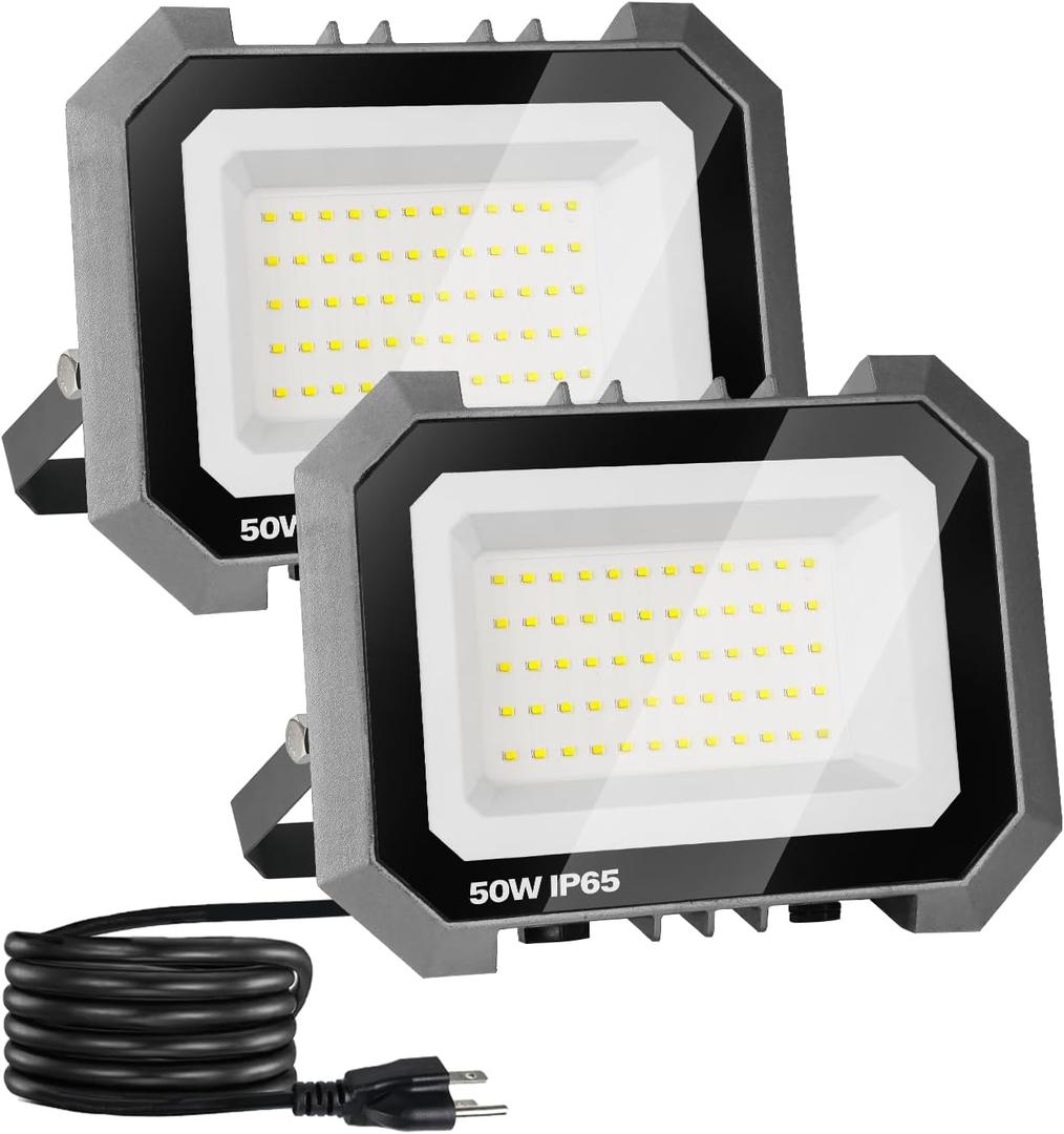 Leddictive 2 Pack LED Flood Lights Outdoor, 50W 5000LM Super Bright Floodlight Outside Work Light with 5.9FT Plug, IP65 Waterproof 6000K Outdoor LED Flood Light for Garage, Yard, Lawn, Garden