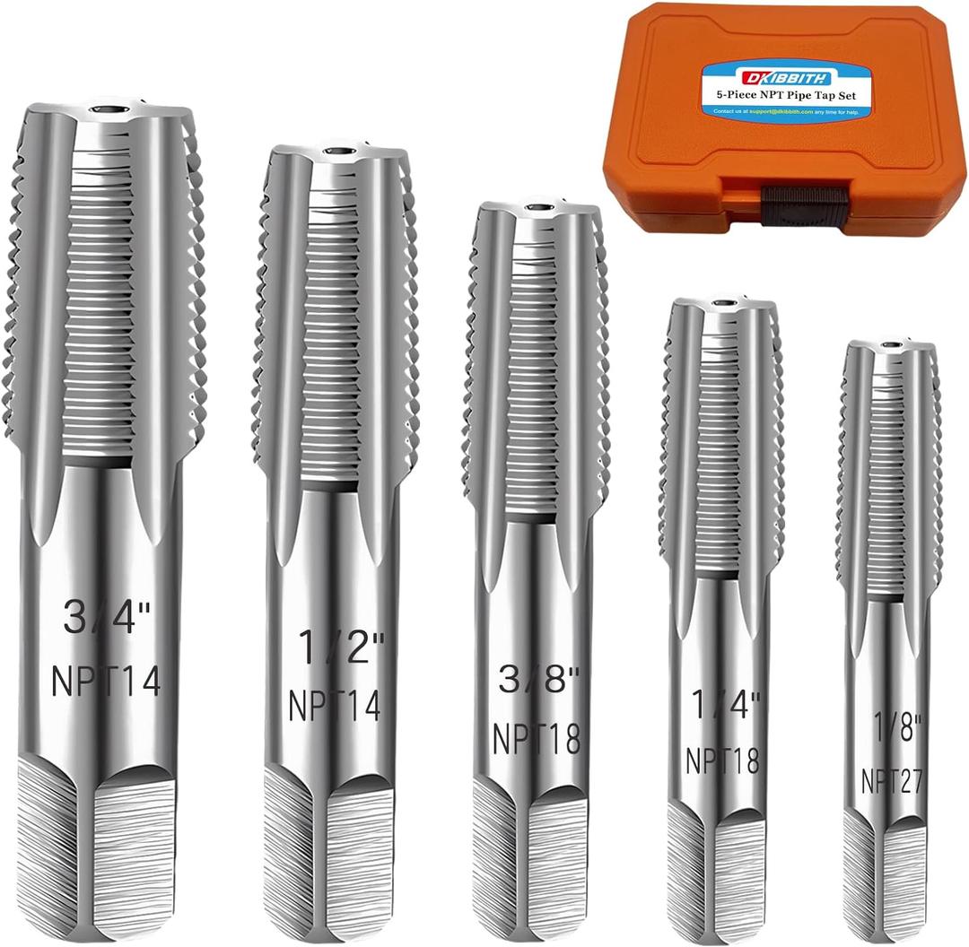 5-Piece NPT Pipe Tap Set, 1/8", 1/4", 3/8", 1/2", 3/4" NPT Tap Set Carbon Steel Hand Threading Plumbing Tap Set for Accurate Threads, Assorted Plumbers Mechanics DIY Thread cutting tools