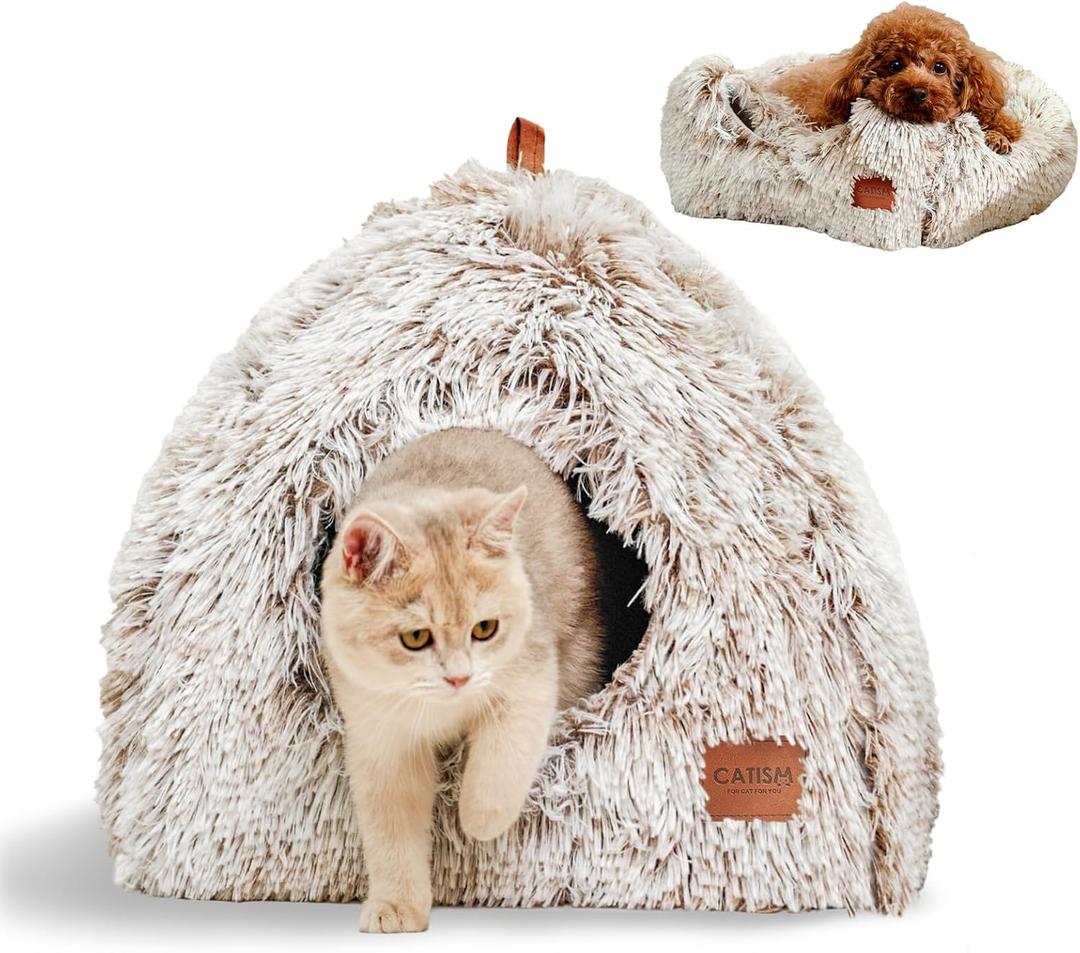 CATISM Cat Bed, Cat Cave for Indoor Cats, Soft Cat Dome, Self-Warming 2 in 1 Foldable Pet Cat House with Washable Cushioned Pillow Calming Fluffy Dog Beds for Small Dogs with Anti-Slip Bottom Brown